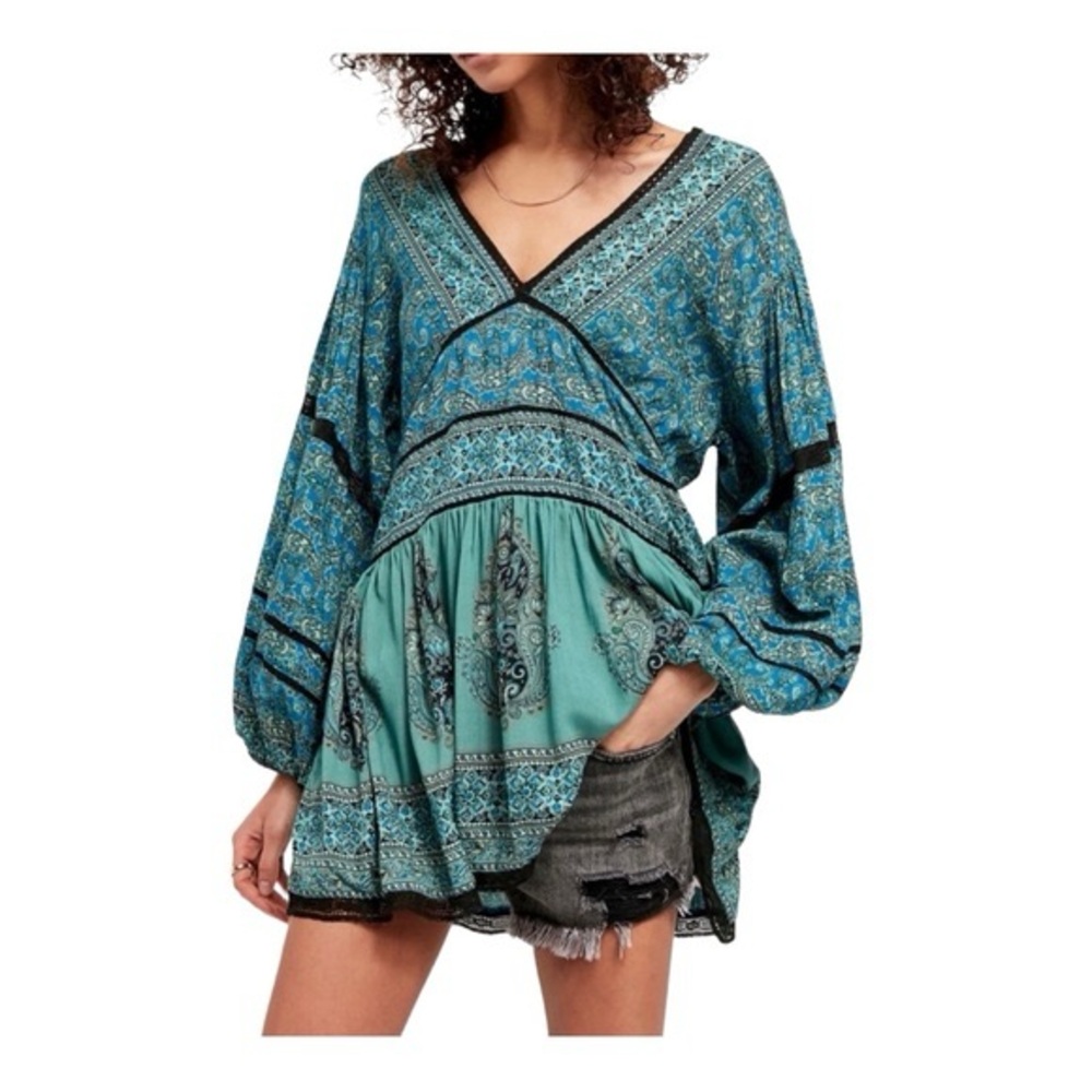 Free People Luna Scarf Print Tunic Bohemian V-Neck Peasant Blouse XS
